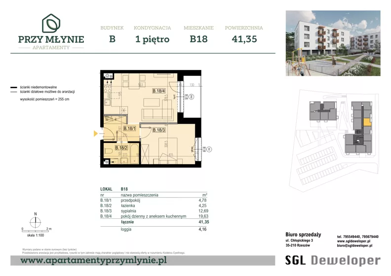 2 pokoje, mieszkanie 41,35 m², piętro 1, oferta nr B18, Apartamenty przy Młynie, Boguchwała, ul. Cicha 2