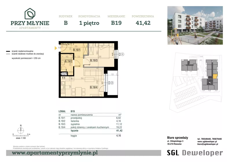 2 pokoje, mieszkanie 41,42 m², piętro 1, oferta nr B19, Apartamenty przy Młynie, Boguchwała, ul. Cicha 2