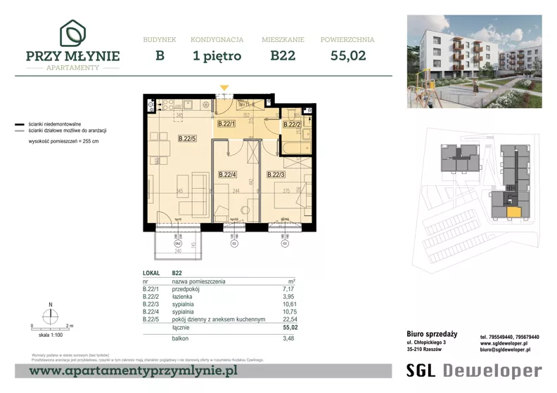 3 pokoje, mieszkanie 55,02 m², piętro 1, oferta nr B22, Apartamenty przy Młynie, Boguchwała, ul. Cicha 2