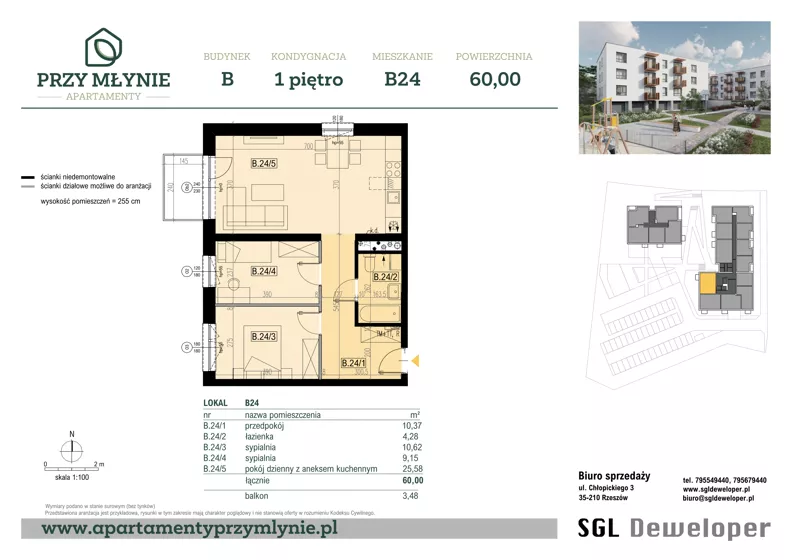 3 pokoje, mieszkanie 60,00 m², piętro 1, oferta nr B24, Apartamenty przy Młynie, Boguchwała, ul. Cicha 2