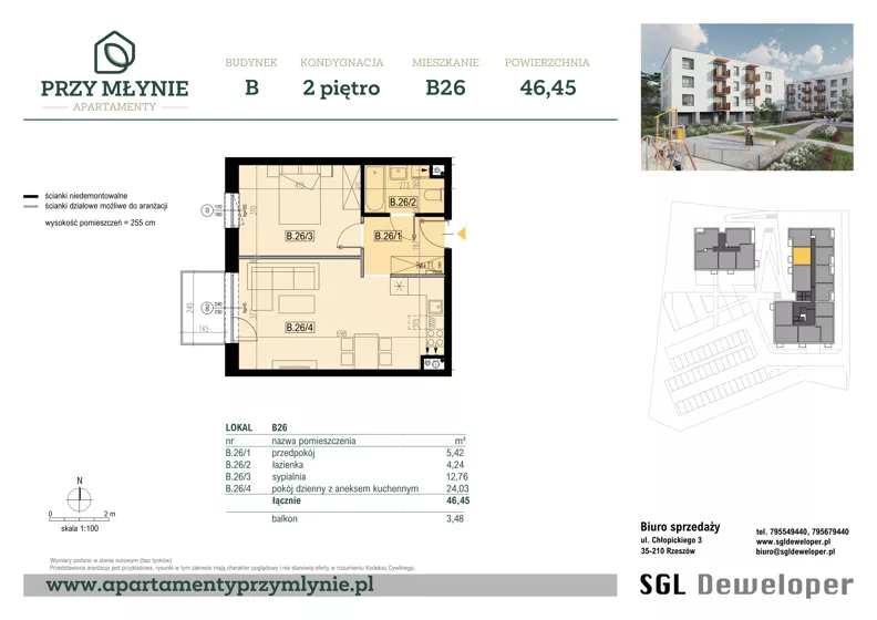 2 pokoje, mieszkanie 46,45 m², piętro 2, oferta nr B26, Apartamenty przy Młynie, Boguchwała, ul. Cicha 2