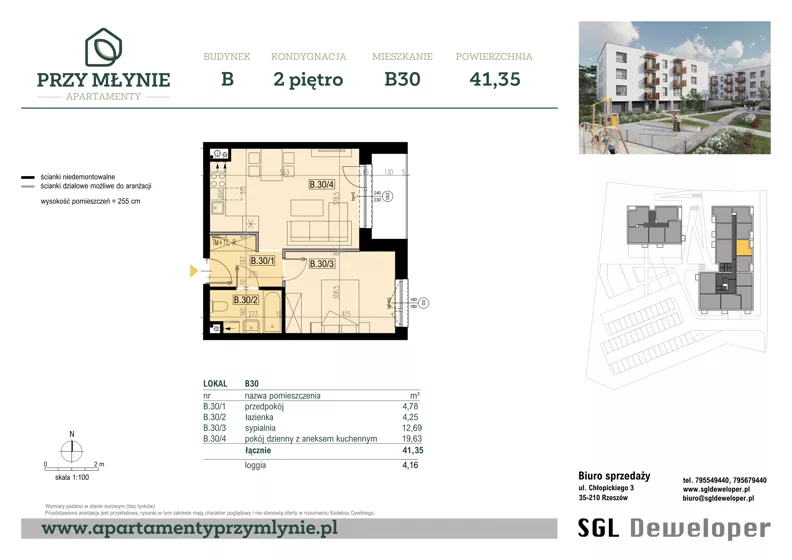 2 pokoje, mieszkanie 41,35 m², piętro 2, oferta nr B30, Apartamenty przy Młynie, Boguchwała, ul. Cicha 2