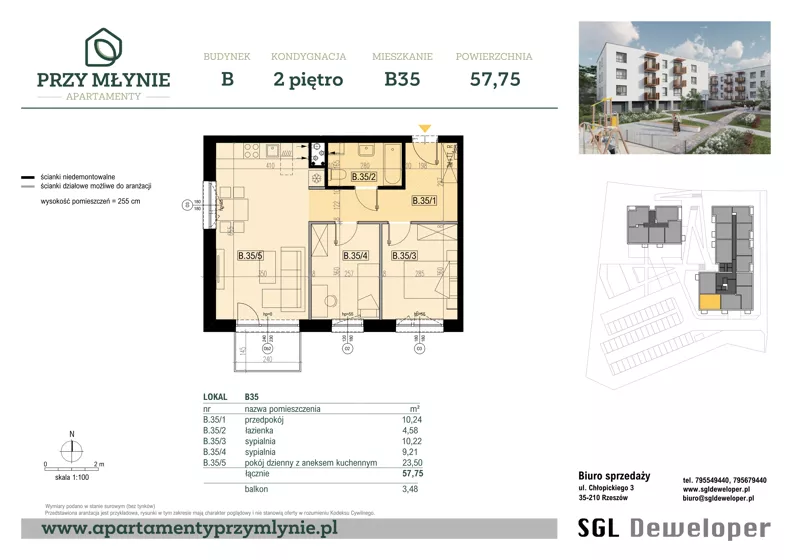 3 pokoje, mieszkanie 57,75 m², piętro 2, oferta nr B35, Apartamenty przy Młynie, Boguchwała, ul. Cicha 2