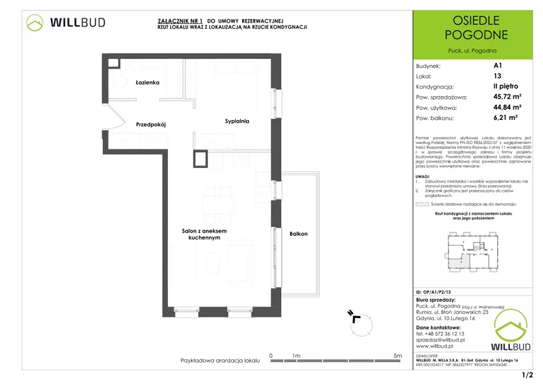 2 pokoje, mieszkanie 44,84 m², piętro 2, oferta nr OP/A1/P2/13, Osiedle Pogodne, Puck, ul. Pogodna