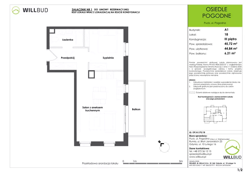 2 pokoje, mieszkanie 44,84 m², piętro 3, oferta nr OP/A1/P3/18, Osiedle Pogodne, Puck, ul. Pogodna