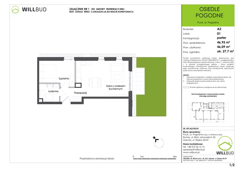 2 pokoje, mieszkanie 46,09 m², parter, oferta nr OP/A2/P0/01, Osiedle Pogodne, Puck, ul. Pogodna