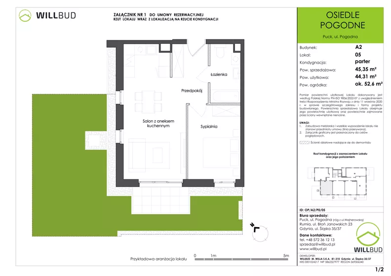 2 pokoje, mieszkanie 44,31 m², parter, oferta nr OP/A2/P0/05, Osiedle Pogodne, Puck, ul. Pogodna