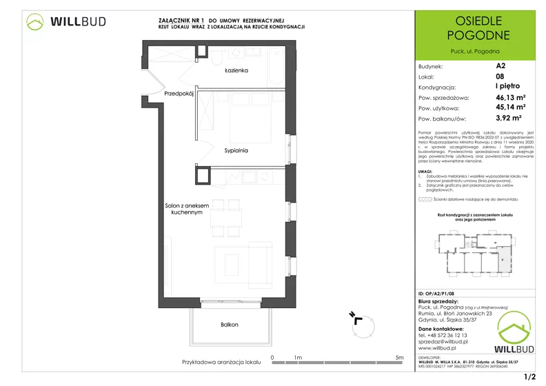 2 pokoje, mieszkanie 45,14 m², piętro 1, oferta nr OP/A2/P1/08, Osiedle Pogodne, Puck, ul. Pogodna