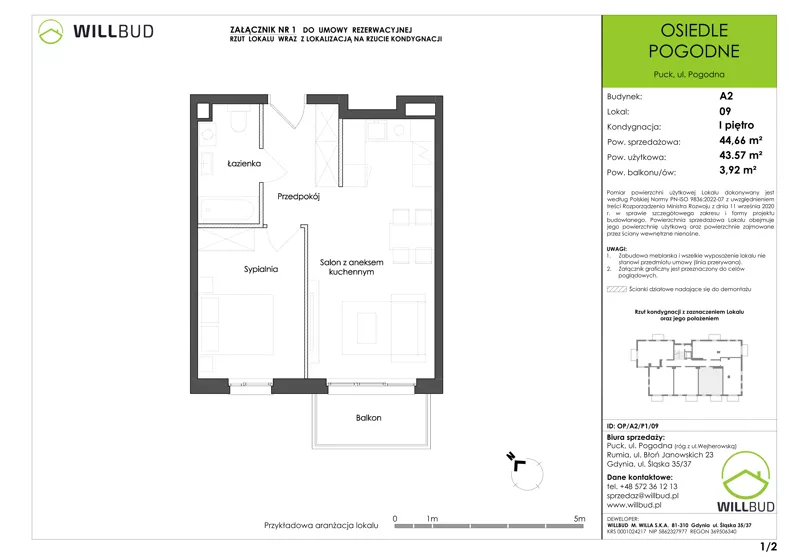 2 pokoje, mieszkanie 43,57 m², piętro 1, oferta nr OP/A2/P1/09, Osiedle Pogodne, Puck, ul. Pogodna