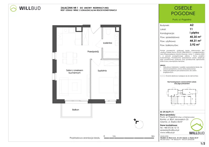 2 pokoje, mieszkanie 44,31 m², piętro 1, oferta nr OP/A2/P1/11, Osiedle Pogodne, Puck, ul. Pogodna