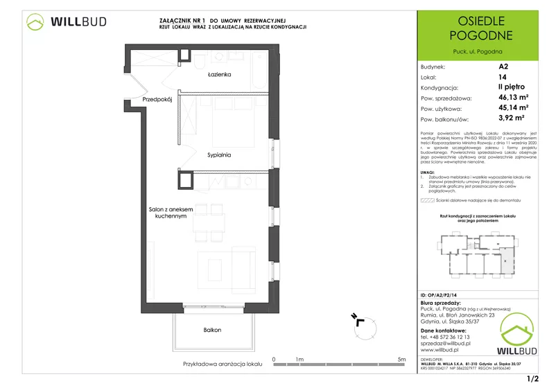 2 pokoje, mieszkanie 45,14 m², piętro 2, oferta nr OP/A2/P2/14, Osiedle Pogodne, Puck, ul. Pogodna