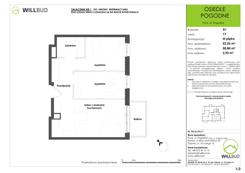 3 pokoje, mieszkanie 50,84 m², piętro 3, oferta nr OP/A1/P3/17, Osiedle Pogodne, Puck, ul. Pogodna