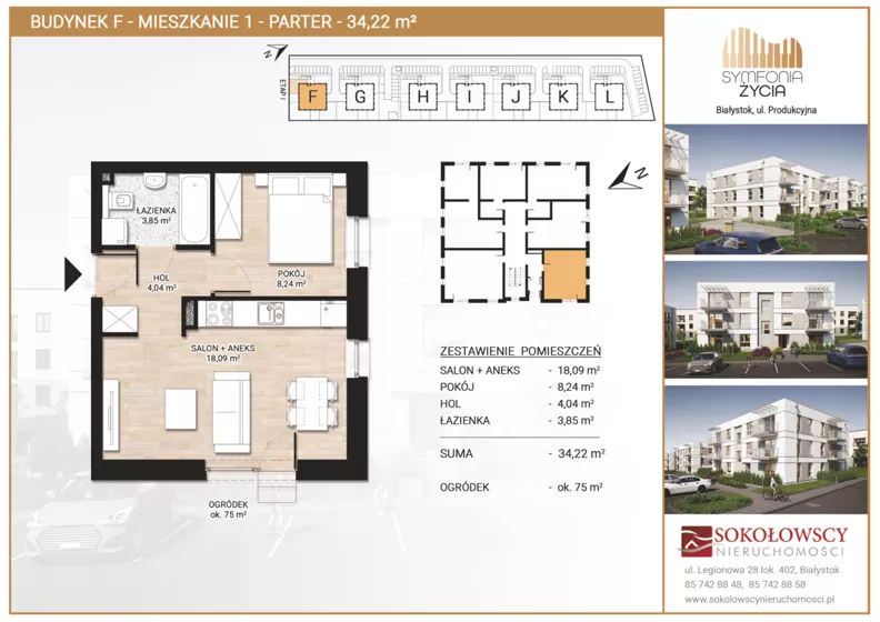2 pokoje, mieszkanie 34,22 m², parter, oferta nr F1, Symfonia Życia etap II, Białystok, Zawady, ul. Produkcyjna