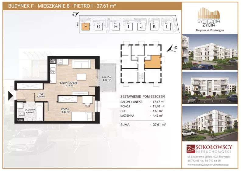 2 pokoje, mieszkanie 37,61 m², piętro 1, oferta nr F8, Symfonia Życia etap II, Białystok, Zawady, ul. Produkcyjna