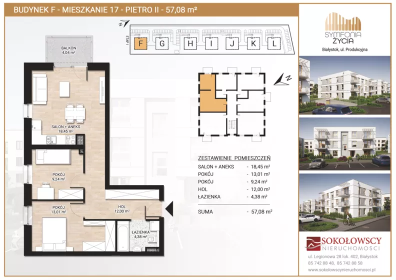 3 pokoje, mieszkanie 57,08 m², piętro 2, oferta nr F17, Symfonia Życia etap II, Białystok, Zawady, ul. Produkcyjna