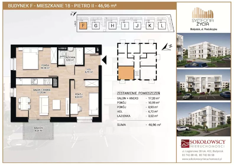 3 pokoje, mieszkanie 46,96 m², piętro 2, oferta nr F18, Symfonia Życia etap II, Białystok, Zawady, ul. Produkcyjna
