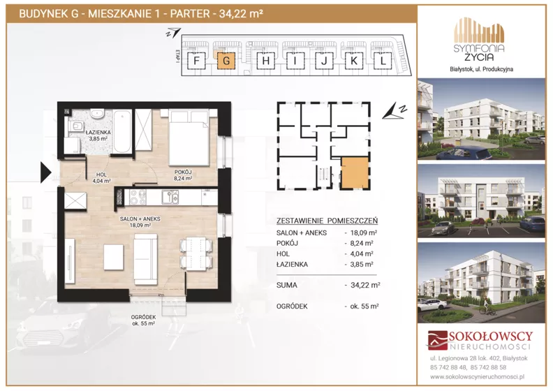 2 pokoje, mieszkanie 34,22 m², parter, oferta nr G1, Symfonia Życia etap II, Białystok, Zawady, ul. Produkcyjna