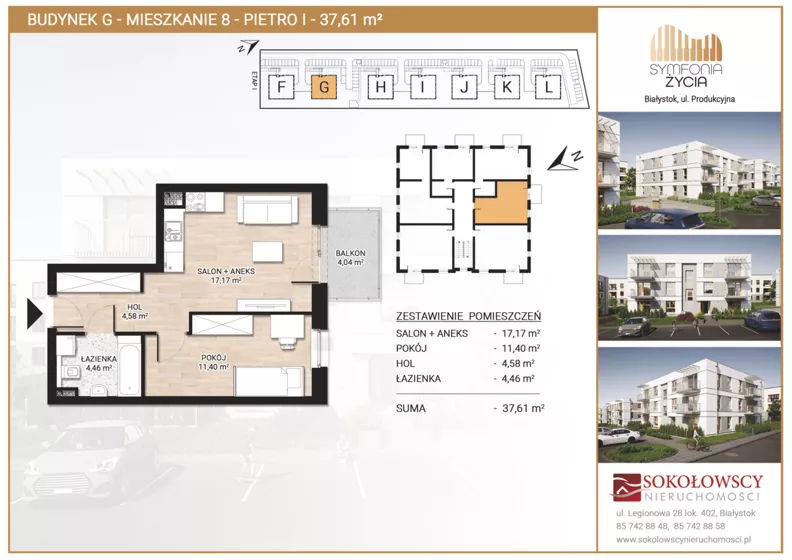 2 pokoje, mieszkanie 37,61 m², piętro 1, oferta nr G8, Symfonia Życia etap II, Białystok, Zawady, ul. Produkcyjna