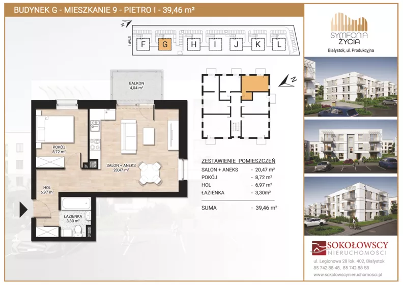 2 pokoje, mieszkanie 39,46 m², piętro 1, oferta nr G9, Symfonia Życia etap II, Białystok, Zawady, ul. Produkcyjna