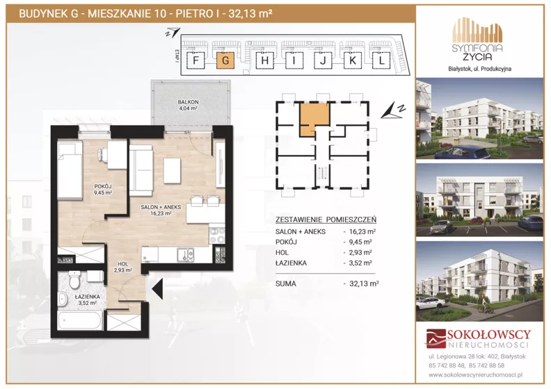 2 pokoje, mieszkanie 32,13 m², piętro 1, oferta nr G10, Symfonia Życia etap II, Białystok, Zawady, ul. Produkcyjna