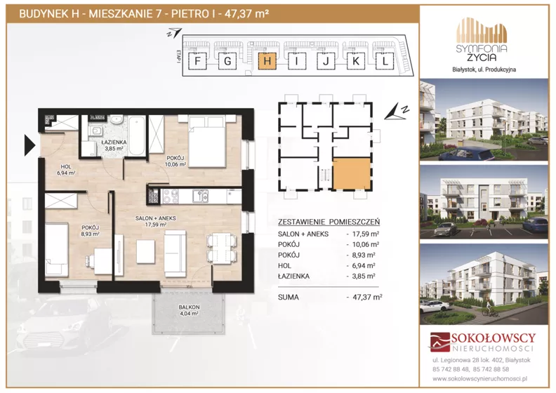 3 pokoje, mieszkanie 47,37 m², piętro 1, oferta nr H7, Symfonia Życia etap II, Białystok, Zawady, ul. Produkcyjna
