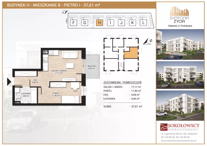 2 pokoje, mieszkanie 37,61 m², piętro 1, oferta nr H8, Symfonia Życia etap II, Białystok, Zawady, ul. Produkcyjna