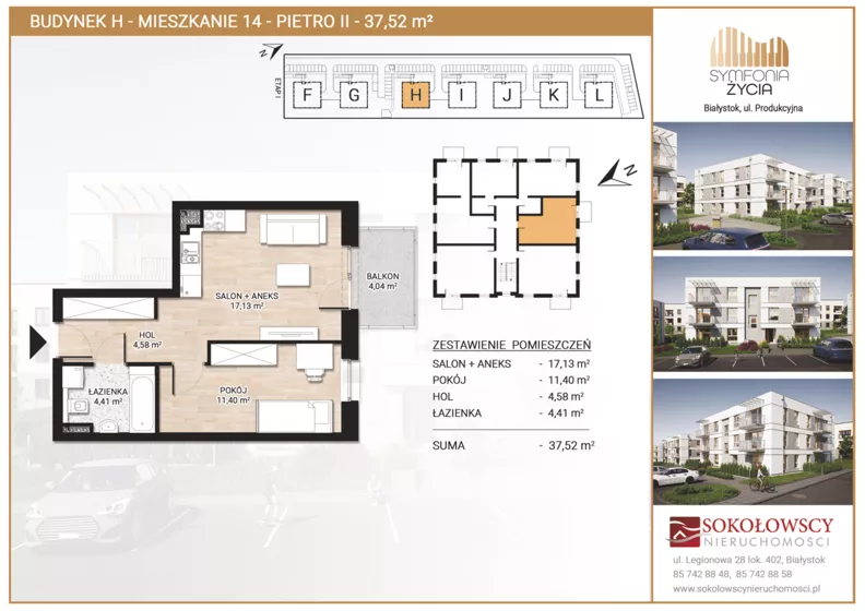 2 pokoje, mieszkanie 37,52 m², piętro 2, oferta nr H14, Symfonia Życia etap II, Białystok, Zawady, ul. Produkcyjna