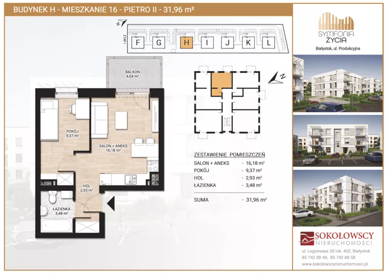 2 pokoje, mieszkanie 31,96 m², piętro 2, oferta nr H16, Symfonia Życia etap II, Białystok, Zawady, ul. Produkcyjna