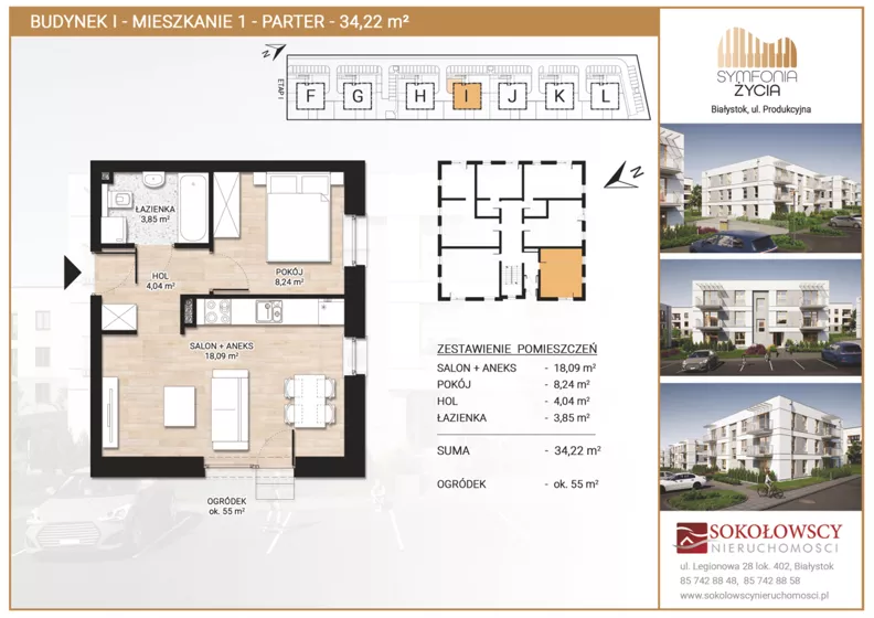2 pokoje, mieszkanie 34,22 m², parter, oferta nr I1, Symfonia Życia etap II, Białystok, Zawady, ul. Produkcyjna