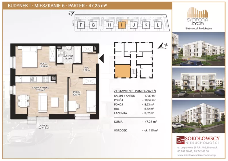 3 pokoje, mieszkanie 47,25 m², parter, oferta nr I6, Symfonia Życia etap II, Białystok, Zawady, ul. Produkcyjna