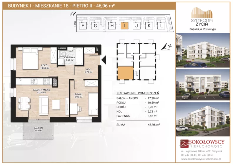 3 pokoje, mieszkanie 46,96 m², piętro 2, oferta nr I18, Symfonia Życia etap II, Białystok, Zawady, ul. Produkcyjna