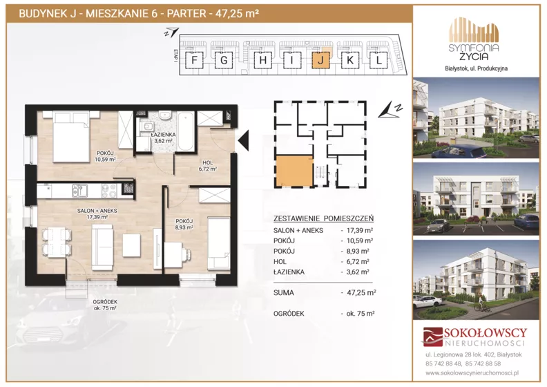 3 pokoje, mieszkanie 47,25 m², parter, oferta nr J6, Symfonia Życia etap II, Białystok, Zawady, ul. Produkcyjna