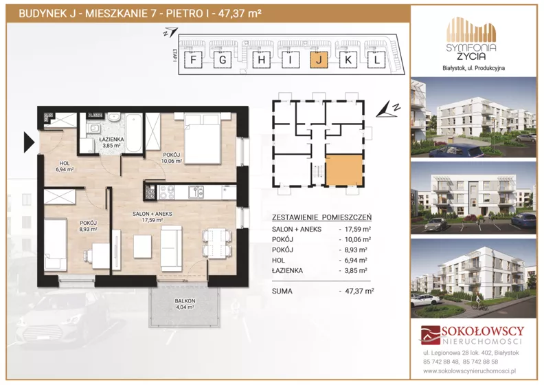 3 pokoje, mieszkanie 47,37 m², piętro 1, oferta nr J7, Symfonia Życia etap II, Białystok, Zawady, ul. Produkcyjna