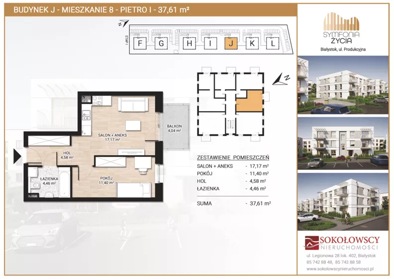 2 pokoje, mieszkanie 37,61 m², piętro 1, oferta nr J8, Symfonia Życia etap II, Białystok, Zawady, ul. Produkcyjna