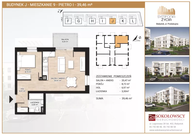2 pokoje, mieszkanie 39,46 m², piętro 1, oferta nr J9, Symfonia Życia etap II, Białystok, Zawady, ul. Produkcyjna