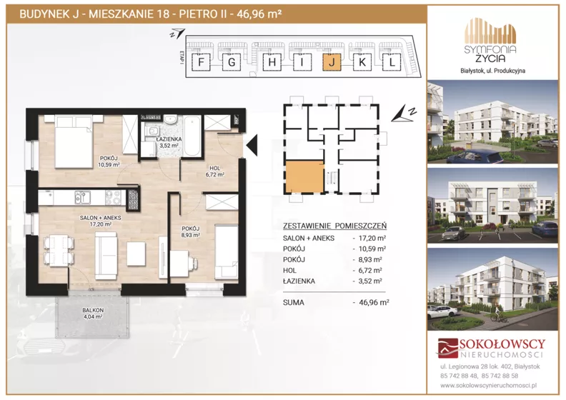 3 pokoje, mieszkanie 46,96 m², piętro 2, oferta nr J18, Symfonia Życia etap II, Białystok, Zawady, ul. Produkcyjna