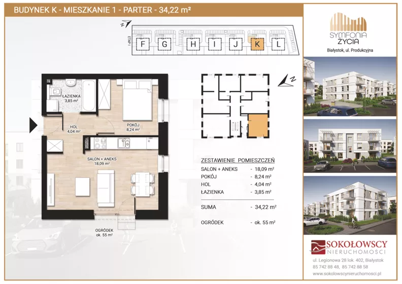 2 pokoje, mieszkanie 34,22 m², parter, oferta nr K1, Symfonia Życia etap II, Białystok, Zawady, ul. Produkcyjna