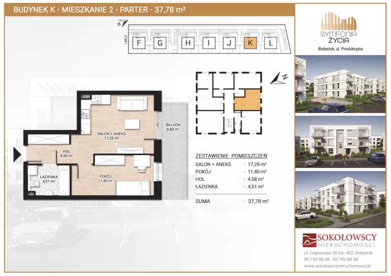 2 pokoje, mieszkanie 37,78 m², parter, oferta nr K2, Symfonia Życia etap II, Białystok, Zawady, ul. Produkcyjna