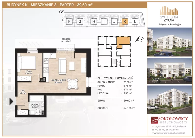 2 pokoje, mieszkanie 39,60 m², parter, oferta nr K3, Symfonia Życia etap II, Białystok, Zawady, ul. Produkcyjna