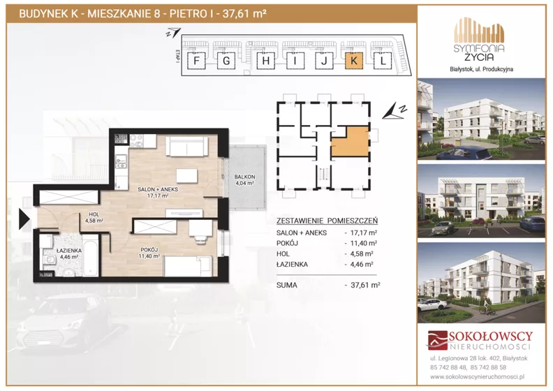 2 pokoje, mieszkanie 37,61 m², piętro 1, oferta nr K8, Symfonia Życia etap II, Białystok, Zawady, ul. Produkcyjna