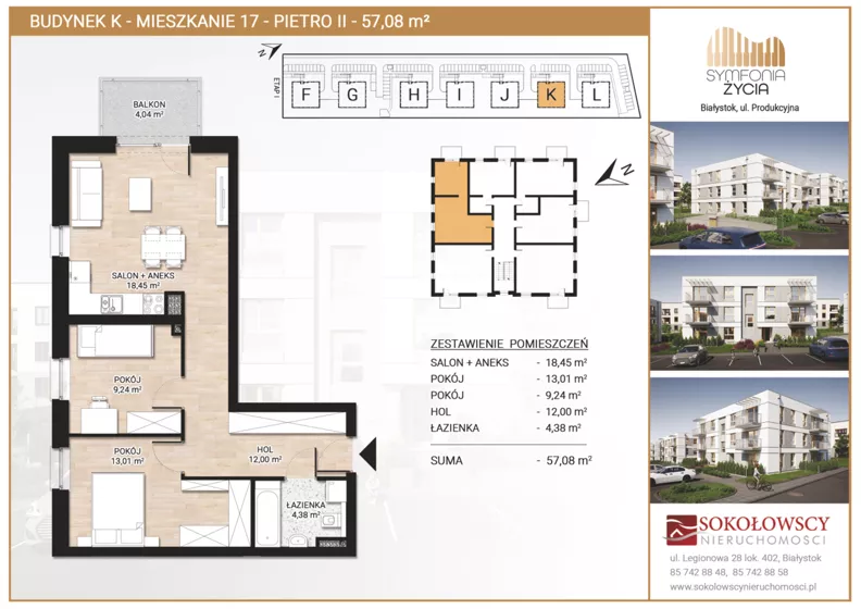 3 pokoje, mieszkanie 57,08 m², piętro 2, oferta nr K17, Symfonia Życia etap II, Białystok, Zawady, ul. Produkcyjna