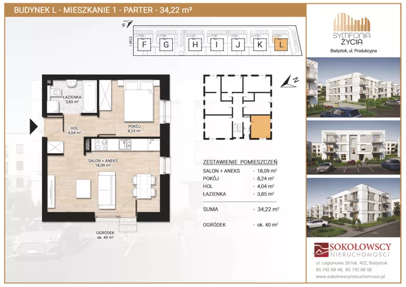 2 pokoje, mieszkanie 34,22 m², parter, oferta nr L1, Symfonia Życia etap II, Białystok, Zawady, ul. Produkcyjna