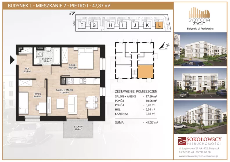3 pokoje, mieszkanie 47,37 m², piętro 1, oferta nr L7, Symfonia Życia etap II, Białystok, Zawady, ul. Produkcyjna