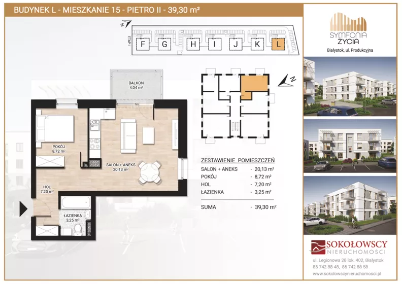 2 pokoje, mieszkanie 39,30 m², piętro 2, oferta nr L15, Symfonia Życia etap II, Białystok, Zawady, ul. Produkcyjna