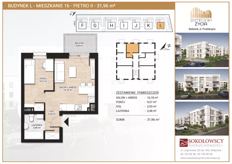 2 pokoje, mieszkanie 31,96 m², piętro 2, oferta nr L16, Symfonia Życia etap II, Białystok, Zawady, ul. Produkcyjna