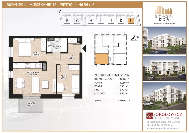 3 pokoje, mieszkanie 46,96 m², piętro 2, oferta nr L18, Symfonia Życia etap II, Białystok, Zawady, ul. Produkcyjna