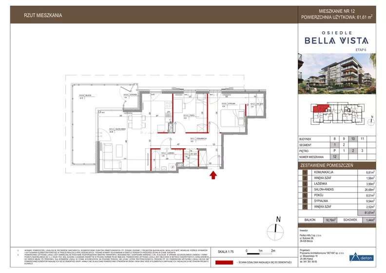 3 pokoje, mieszkanie 61,61 m², piętro 2, oferta nr 10-12, Osiedle Bella Vista etap VI, Kielce, Ostra Górka, ul. Generała Andersa / Domki