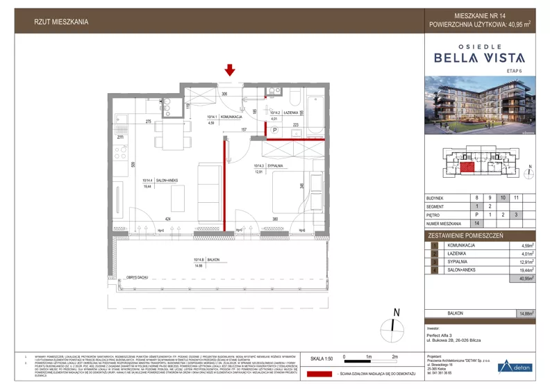 2 pokoje, mieszkanie 40,95 m², piętro 3, oferta nr 10-14, Osiedle Bella Vista etap VI, Kielce, Ostra Górka, ul. Generała Andersa / Domki