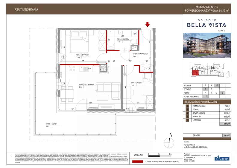 3 pokoje, mieszkanie 54,12 m², piętro 3, oferta nr 10-15, Osiedle Bella Vista etap VI, Kielce, Ostra Górka, ul. Generała Andersa / Domki