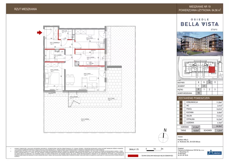 3 pokoje, mieszkanie 64,56 m², parter, oferta nr 10-19, Osiedle Bella Vista etap VI, Kielce, Ostra Górka, ul. Generała Andersa / Domki